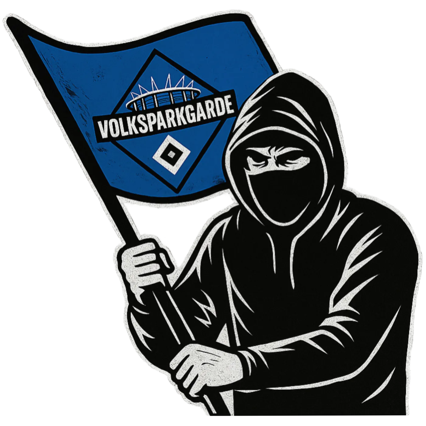 Stilisiertes Motiv der Volksparkgarde: Figur mit HSV-Fahne